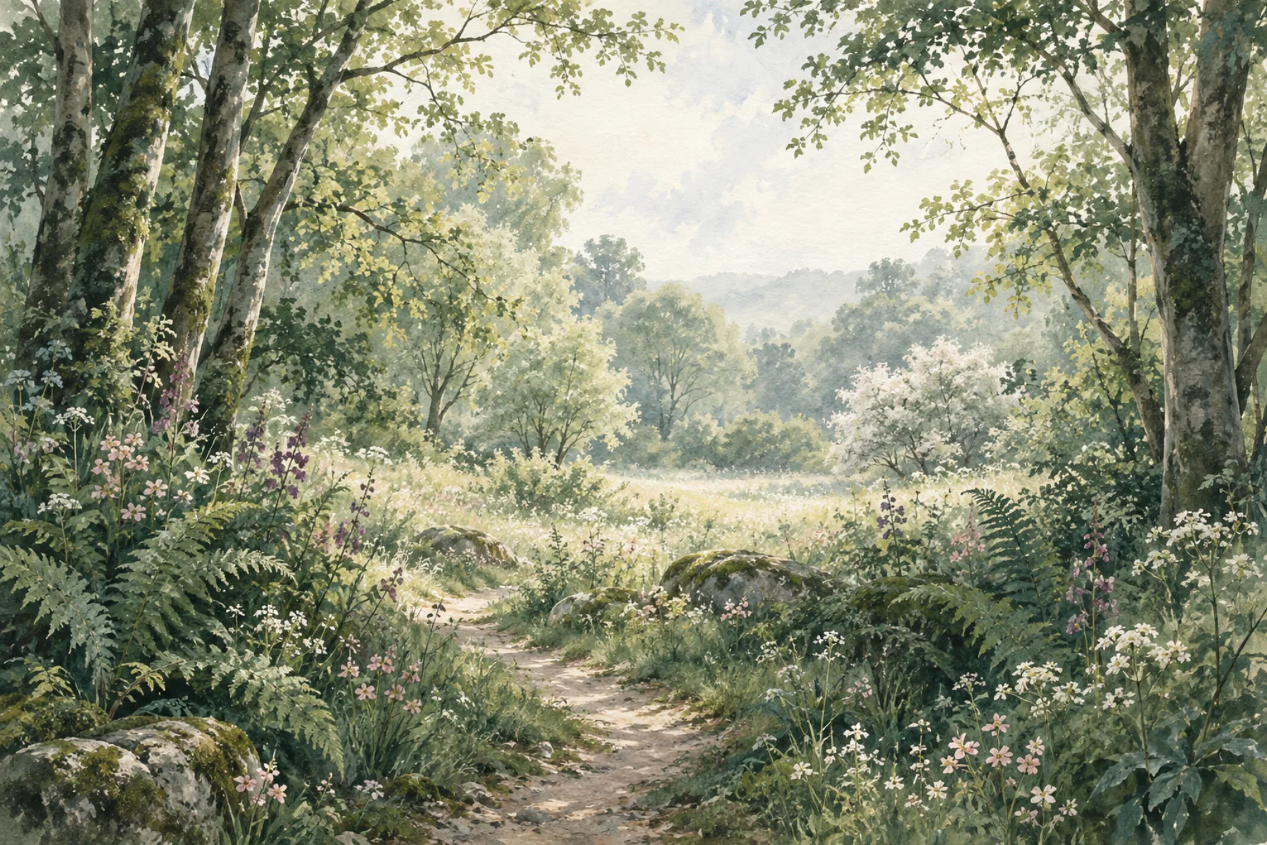 A softly illustrated woodland glade, opening into a quiet pool of light