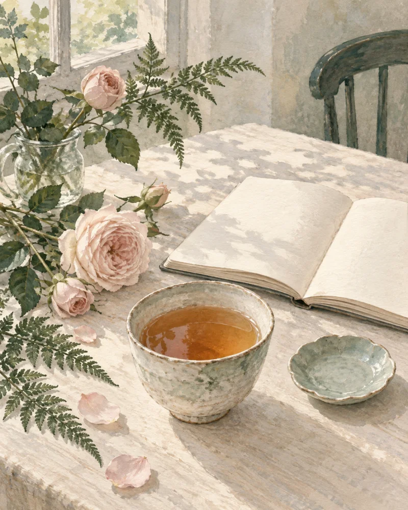 An illustrated cup of tea and notebook beside delicate flowers